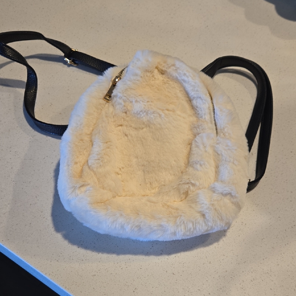 Cream Faux Fur Backpack with Black Straps